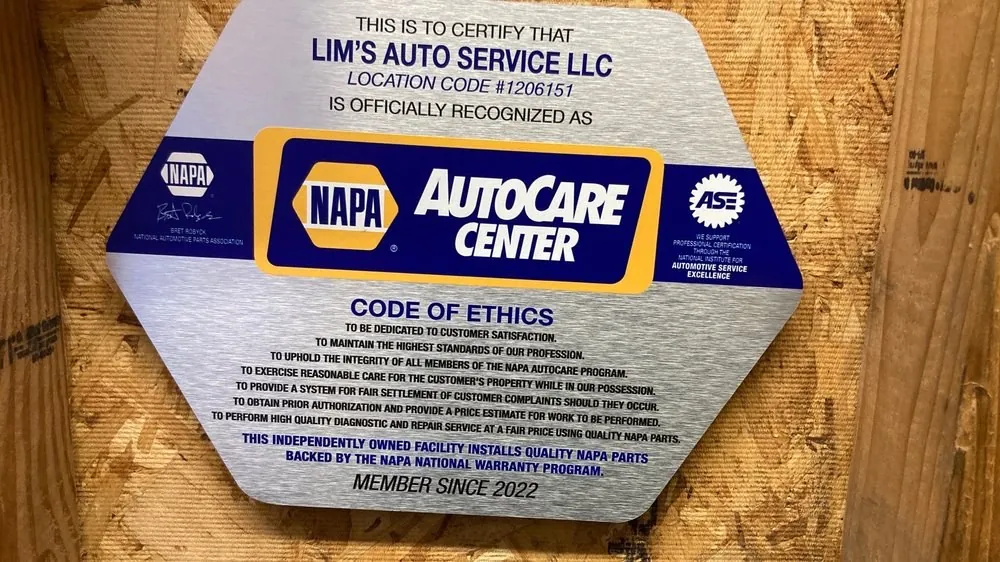 NAPA AutoCare Center plaque